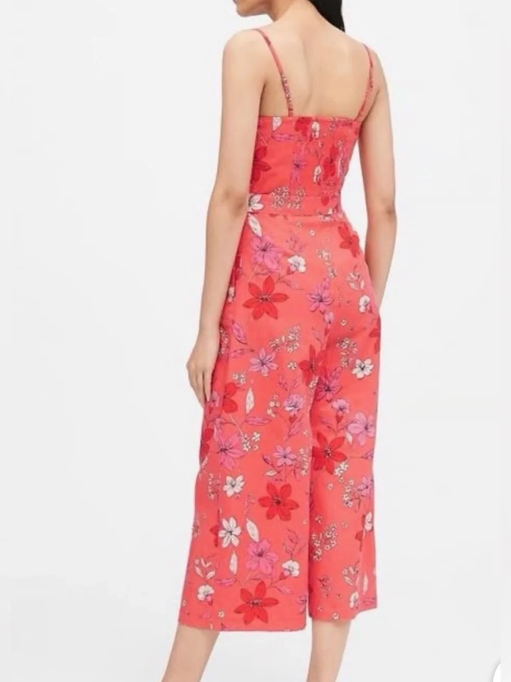 Banana Republic Floral Spaghetti-Strap Wide-Leg Crop Jumpsuit in Coral Size 8